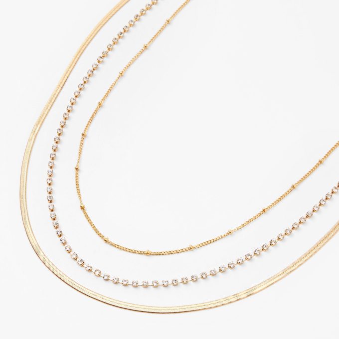 Gold Beaded, Rhinestone & Snake Chain Necklaces - 3 Pack