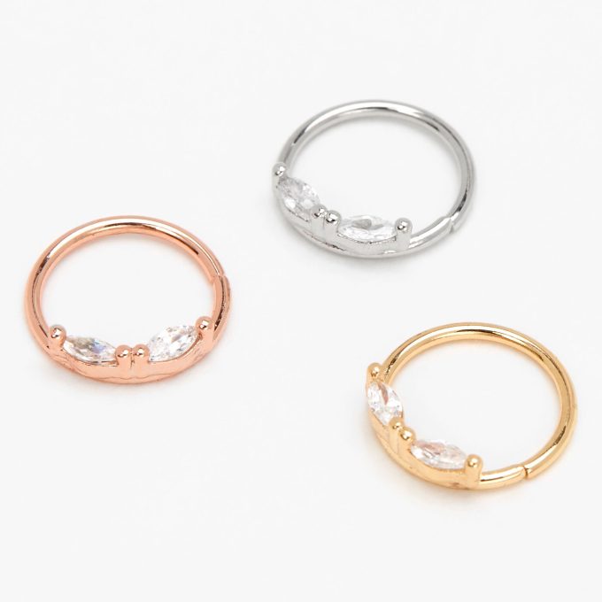 20G Mixed Metal Stainless Steel Oval Crystal Hoop Nose Rings - 3 Pack