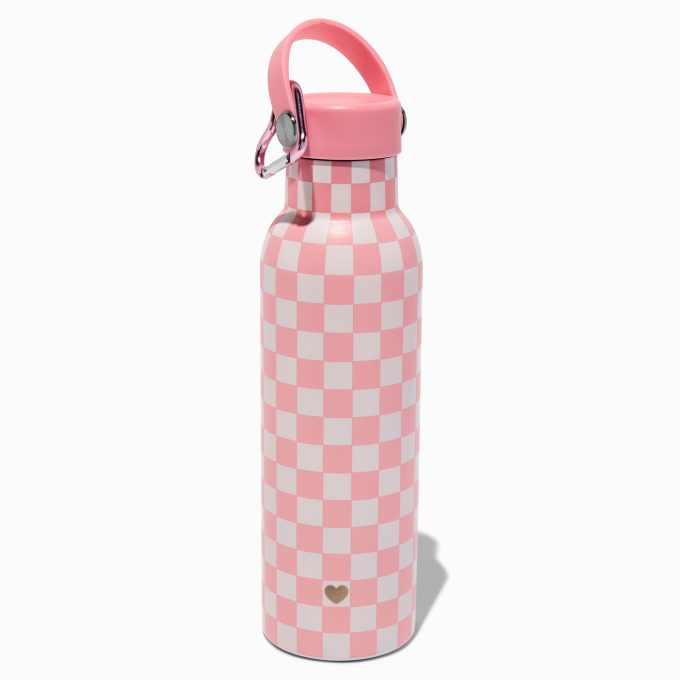 Pink Checkered Stainless Steel Water Bottle