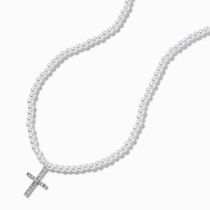 Pearl & Silver-tone Cross Pendant Necklace