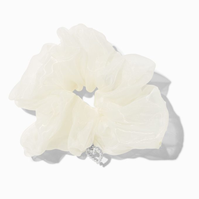 White Organza Heart Charm Hair Scrunchie