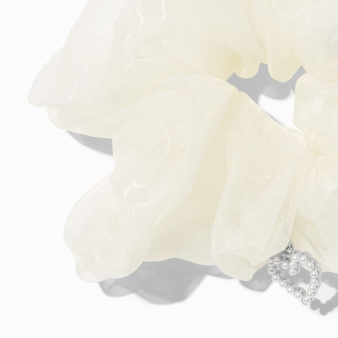 White Organza Heart Charm Hair Scrunchie
