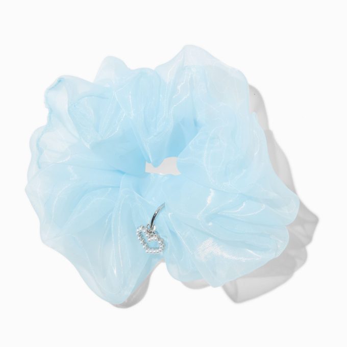 Light Blue Organza Heart Charm Hair Scrunchie
