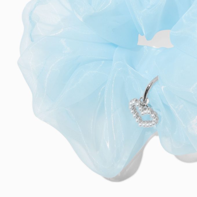 Light Blue Organza Heart Charm Hair Scrunchie