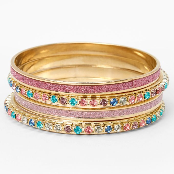 Claire's Club Gold-tone Faux Gem Glitter Bangle Bracelets - 4 Pack