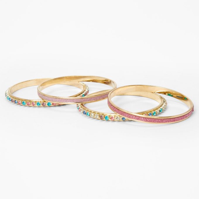 Claire's Club Gold-tone Faux Gem Glitter Bangle Bracelets - 4 Pack
