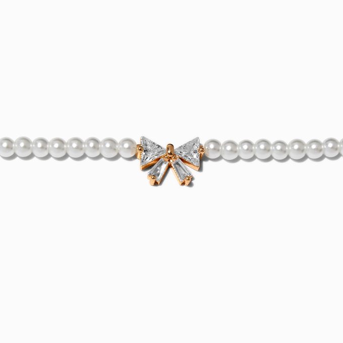 Cubic Zirconia Bow & Pearl Gold-tone Chain Bracelet
